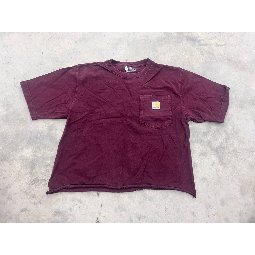 Carhartt K87 T-Shirt Mens S Maroon Loose Fit Raw Hem Short Sleeve Classic Casual